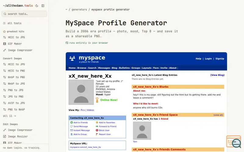 Screenshot of Make a Fake MySpace Profile