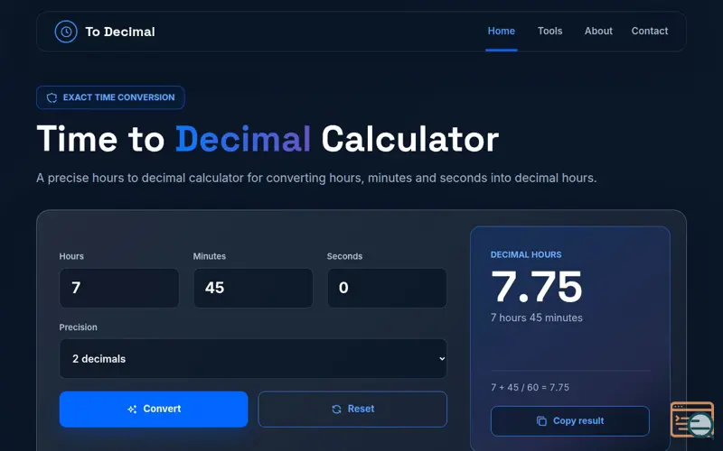 Screenshot of Time to Decimal Calculator | Hours to Decimal Converter