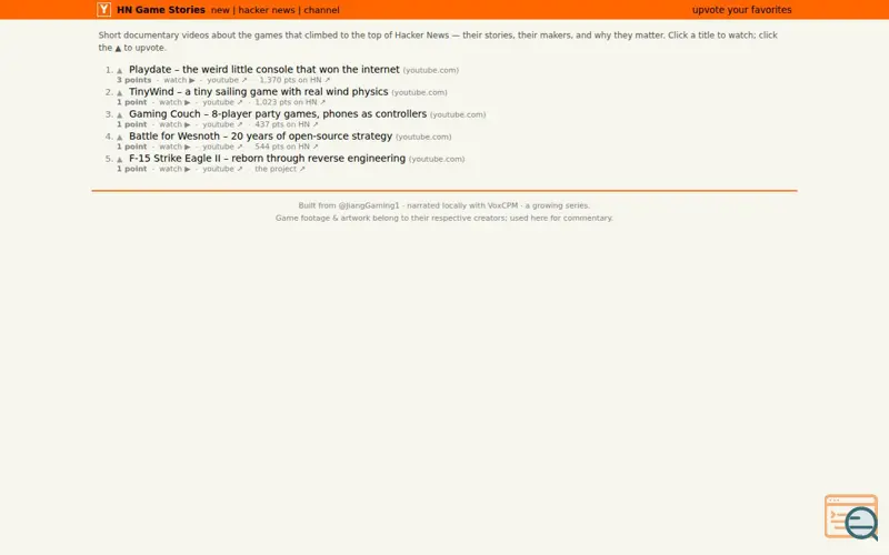 Screenshot of HN Game Stories