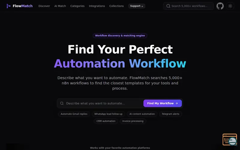 Screenshot of FlowMatch — Search 5,000+ n8n Workflow Templates | AI Workflow Discovery
