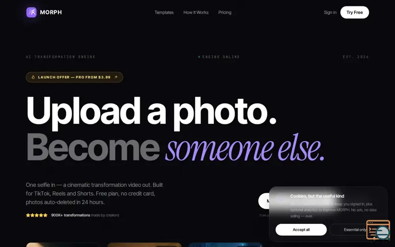 Screenshot of MORPH — AI Transformation Videos | Turn Your Selfie Into a Cinematic Video, a launch using Kimi