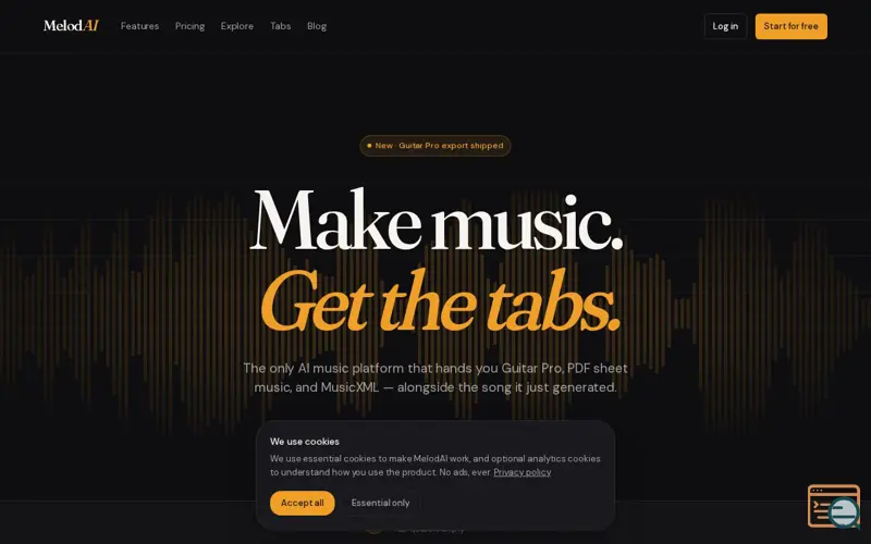 Screenshot of MelodAI — AI Music Generation & Guitar Tab Transcription | MelodAI, a launch using Suno