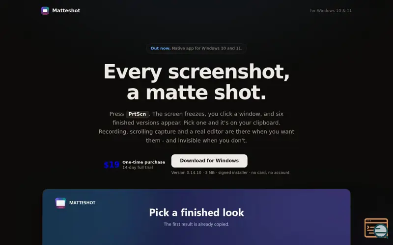 Screenshot of Matteshot. Every screenshot, a matte shot.