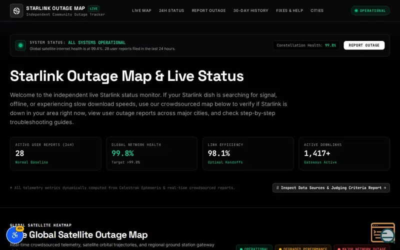 Screenshot of Starlink Outage Map – Is Starlink Down? Live Status & Reports, a launch using Tools.cafe