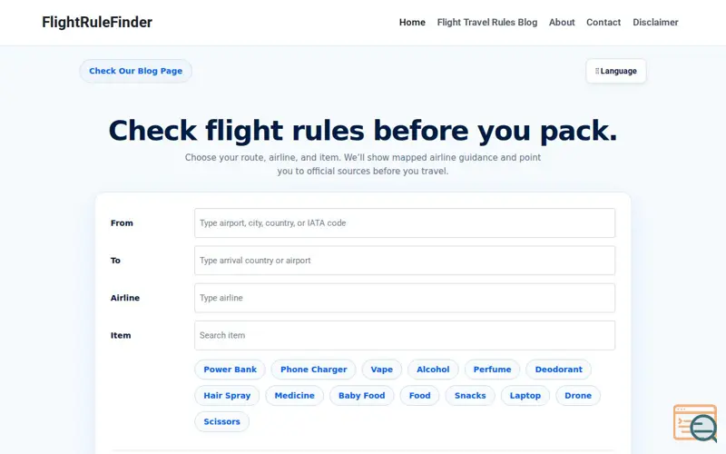 Screenshot of flightrulefinder.com