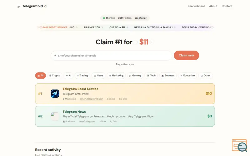 Screenshot of TelegramBid.lol — Claim your rank #1, a launch using Heleket