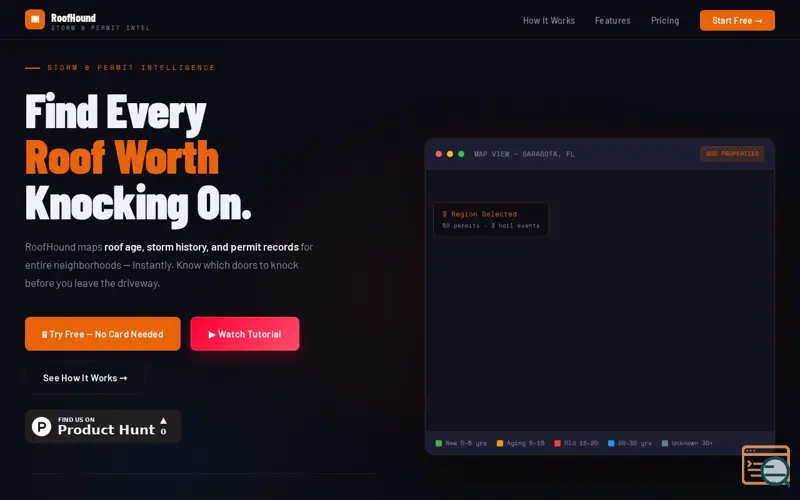 Screenshot of RoofHound — Storm & Permit Intelligence