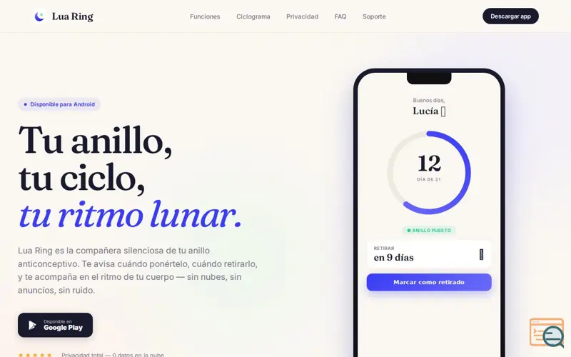 Screenshot of Lua Ring — Anillo Anticonceptivo