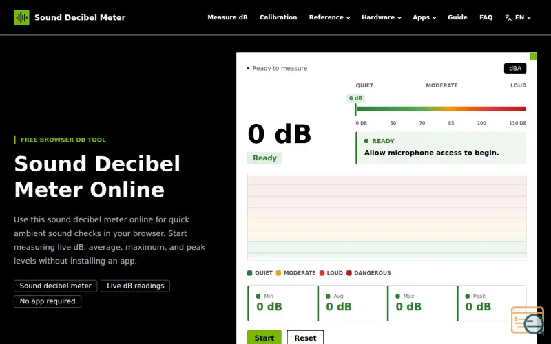 Screenshot of Sound Decibel Meter Online, a launch using LaunchSoar
