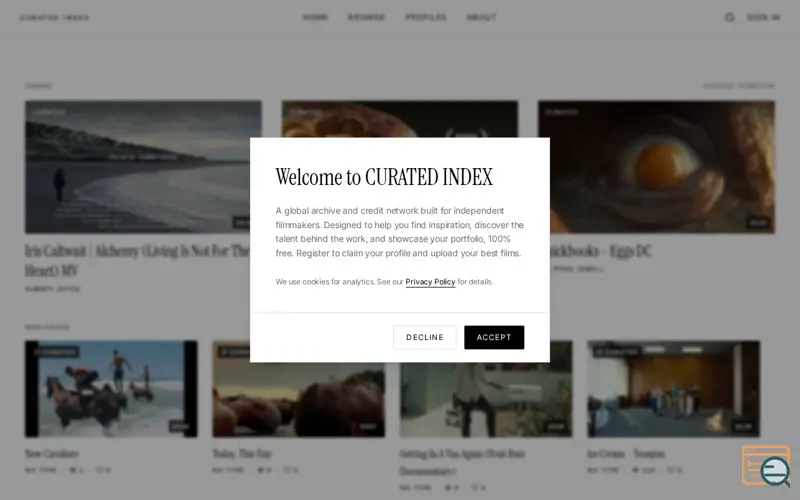 Screenshot of CURATED INDEX