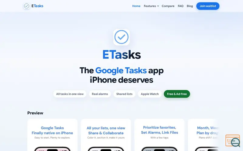 Screenshot of ETasks, a launch using Hostinger DNS