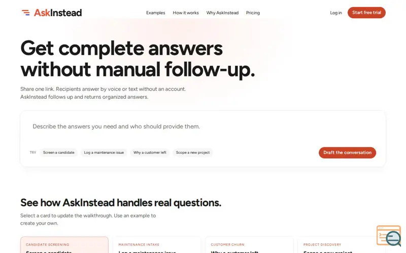 Screenshot of AskInstead — Ask once. Read answers you can file.
