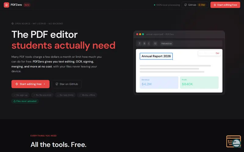 Screenshot of     PDFZero, a launch using PDF.js
