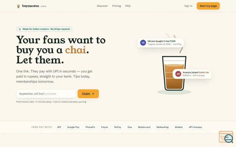Screenshot of BuyMeATea — Get support from your fans, the Indian way
