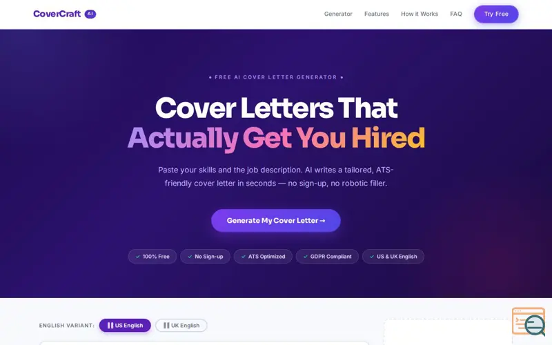 Screenshot of CoverCraft AI