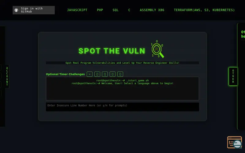 Screenshot of Spot The Vuln, a launch using Emma