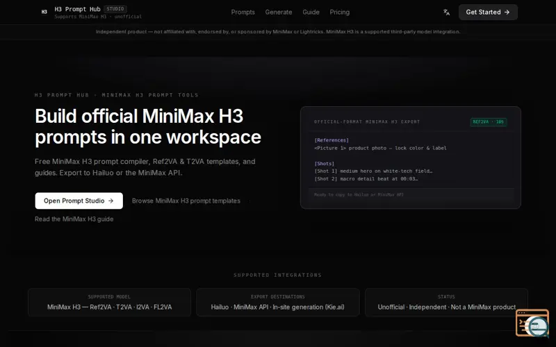 Screenshot of MiniMax H3 Guide & Prompt Studio — Ref2VA, T2VA & Hub Skills