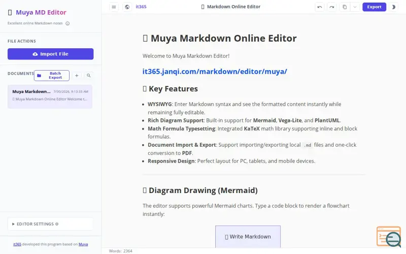 Screenshot of WYSIWYG Markdown editor, MD to image/PDF, a launch using Element Plus