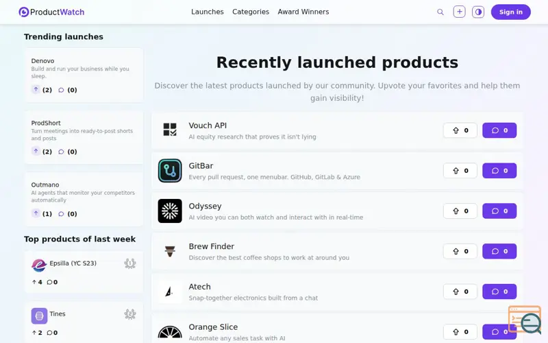 Screenshot of Product Watch, a launch using Mantine