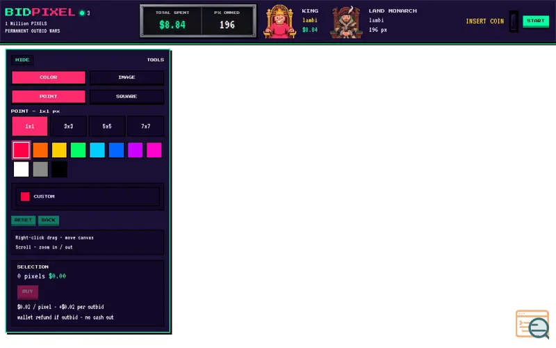 Screenshot of BidPixel — Pixel Wars bidding website
