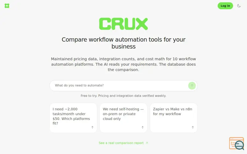Screenshot of Crux - Compare Workflow Automation Tools, a launch using Ahoy