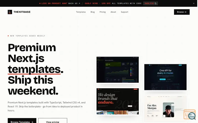 Screenshot of Premium Next.js Templates - TypeScript, Dark Mode, From $39 | TheKitBase, a launch using KittyLaunch