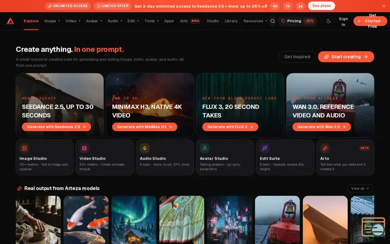Screenshot of Arteza | AI Image, Video & Audio Generator
