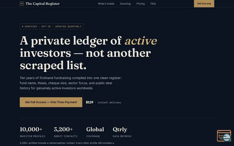 Screenshot of The Capital Register — A Verified Ledger of Active Investors