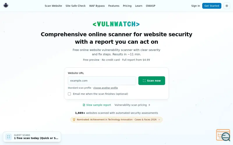 Screenshot of VulnWatch Agency, a launch using Toolify
