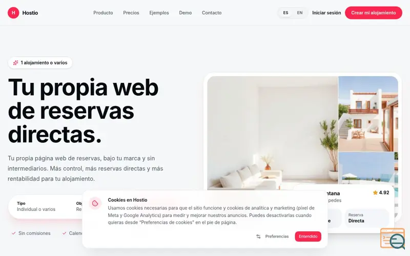 Screenshot of Hostio — Crea tu web de reservas directas sin comisiones