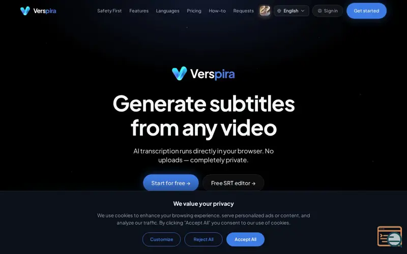 Screenshot of AI Subtitle Generator & Video Transcription — Free, Private | Verspira