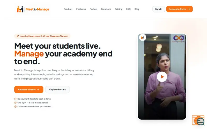 Screenshot of Meet to Manage | Online Class Management Software for Coaching Institutes