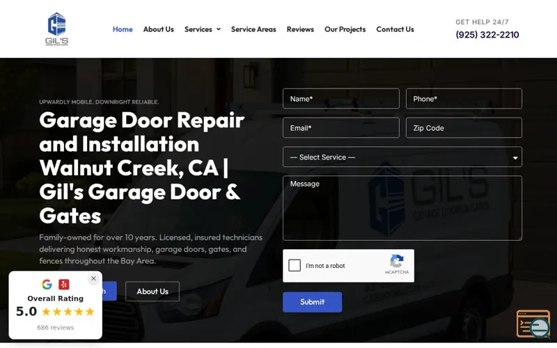 Screenshot of Gil's Garage Door & Gates, a launch using Sticky Header Effects for Elementor