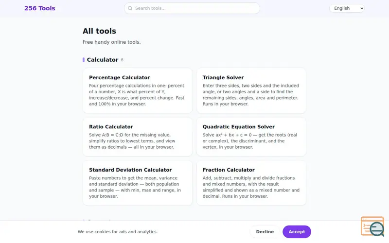 Screenshot of 256 Tools — All tools