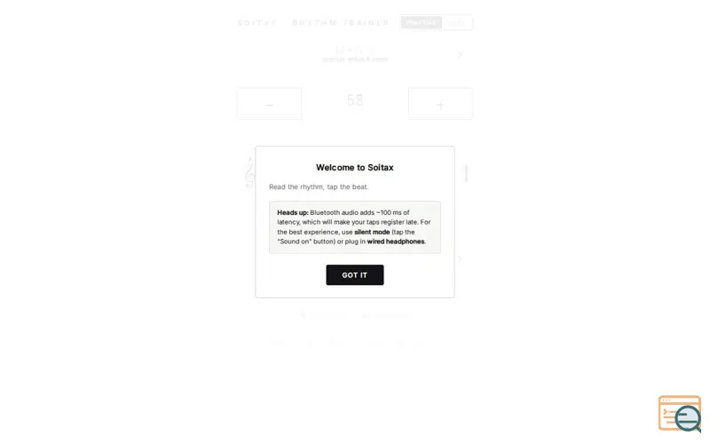 Screenshot of Soitax - rhythm trainer, a launch using abcjs