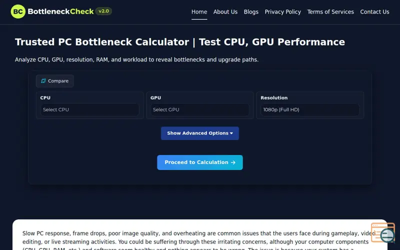 Screenshot of Bottleneck Calculator