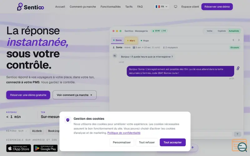 Screenshot of Sentioo — Automatisation des messages voyageurs