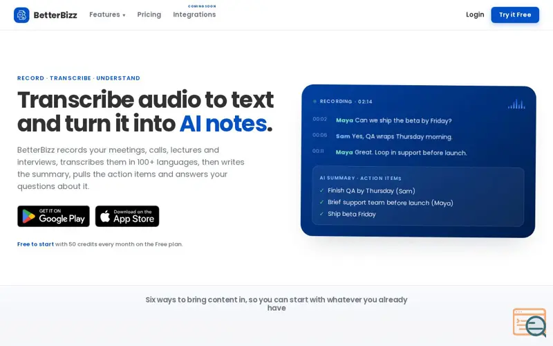 Screenshot of BetterBizz AI notes & Meeting