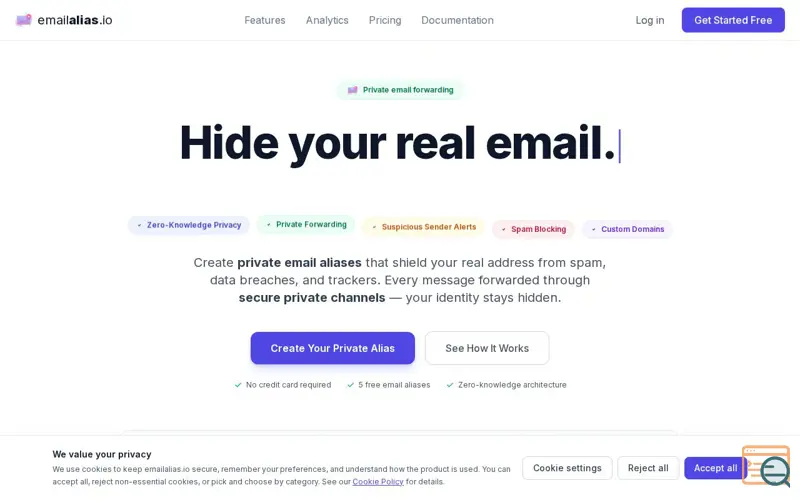Screenshot of EmailAlias.io - Hide your real email