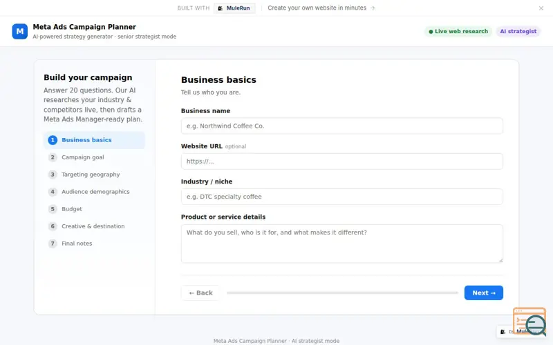 Screenshot of Meta Ads Campaign Planner