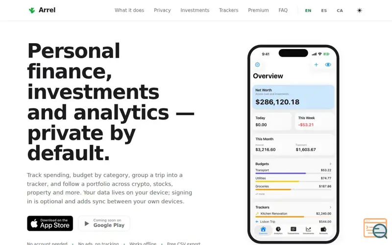 Screenshot of Arrel — Personal finance, investments and analytics, private by default