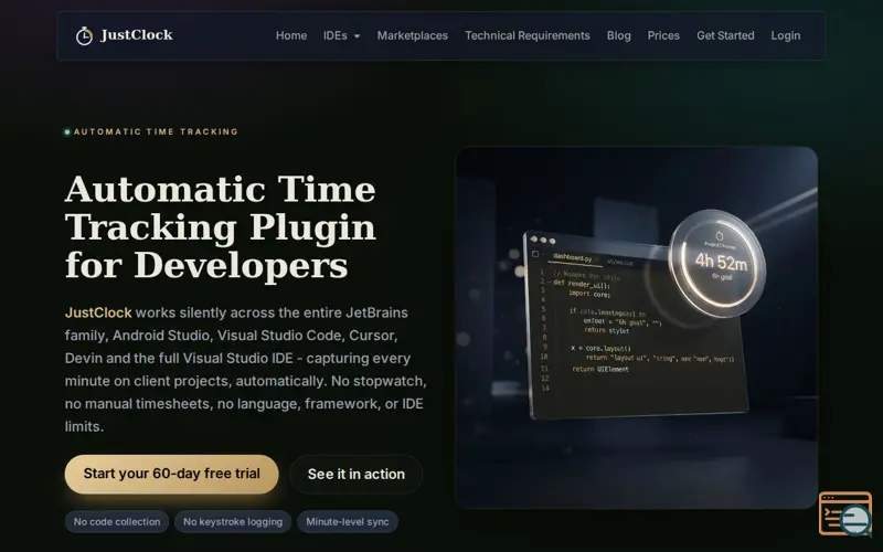 Screenshot of JustClock – Automatic Work Time Tracking Plugin for JetBrains, Cursor and Visual Studio Code IDEs. Free Trial, a launch using Radeal