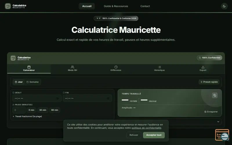 Screenshot of Calculatrice Mauricette : L'Outil Complet pour le Calcul Heure de Travail en 2026
