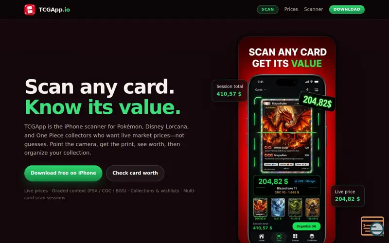 Screenshot of TCGApp.io — Scan Cards, Live Values, Collections