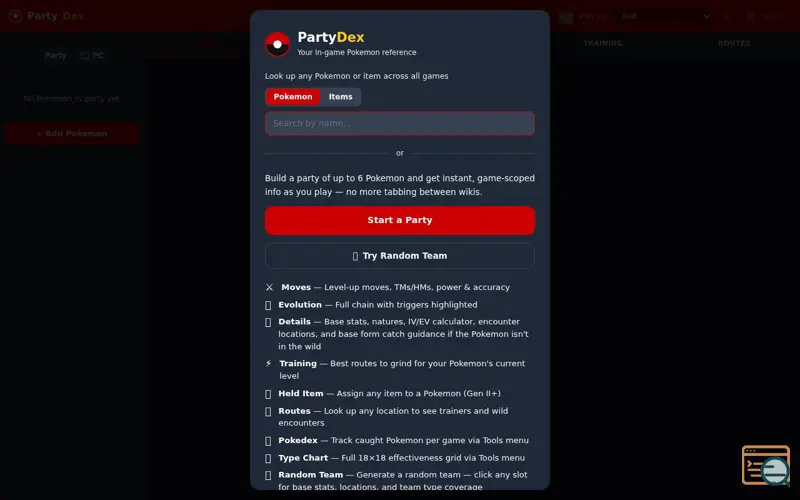Screenshot of PartyDex