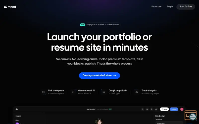 Screenshot of mnml.page, a launch using Apple Music