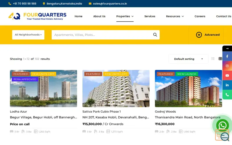 Screenshot of Apartments in Bangalore FourQuarters