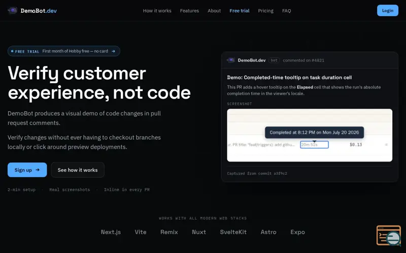 Screenshot of DemoBot.dev — See every change, right in the PR