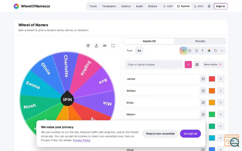 Screenshot of Wheel of Names – Free Spin the Wheel & Random Name Picker