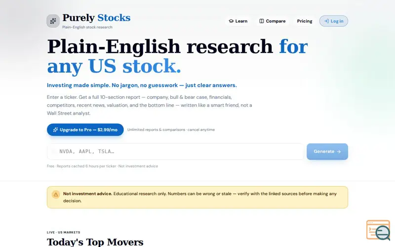 Screenshot of Stock Research in Plain English | Purely Stocks